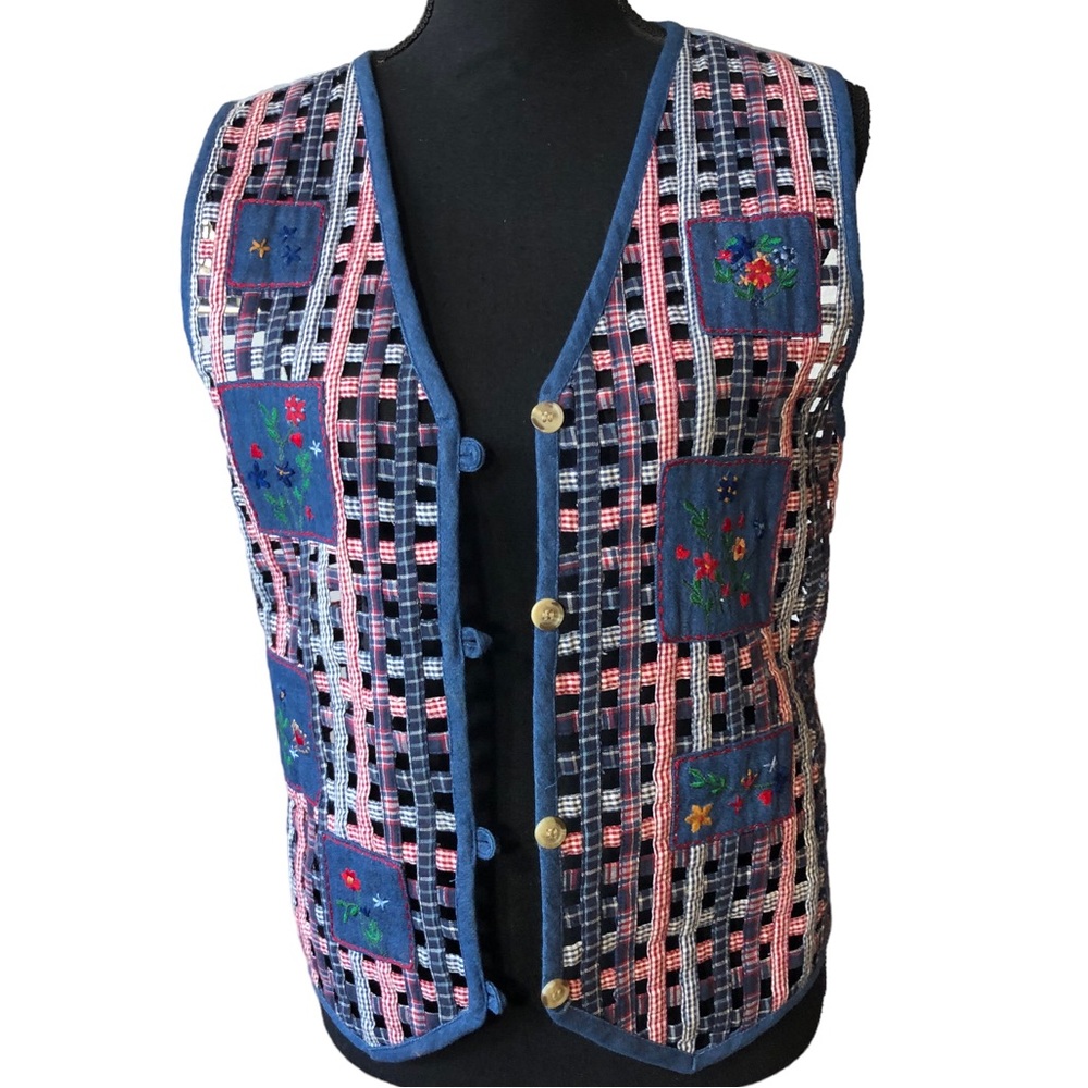 VTG 1990s Floral Patch Embroidered Latice Vest Country Cottagecore Americana M